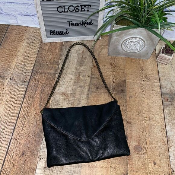J. Crew Leather Envelope Shoulder Bag w/Chain Strap - Black/Bronze - Picture 1 of 12